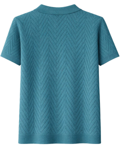 เสื้อโปโลถักเนื้อผ้าเท็กซ์เจอร์สีเขียวอมฟ้าสำหรับผู้ชาย แขนสั้น สไตล์ลำลองสำหรับฤดูร้อน ทรงเข้ารูป ผลิตตามสั่ง รับทำโลโก้ ขายส่งจากโรงงาน - Product Image 5