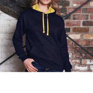 Sweat-shirt à capuche unisexe bleu marine avec doublure jaune et cordons de serrage, coupe classique, en molleton de coton, décontracté, pour l'automne, couleur unie - Product Image 1