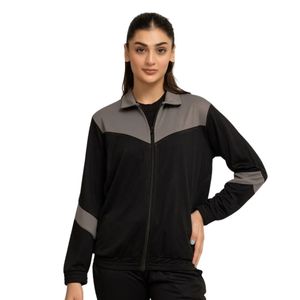 Chaqueta Deportiva Casual para Mujer, con Cierre Completo, Bloques de Color Negro y Gris, Cuello Alto y Manga Larga - Product Image 1