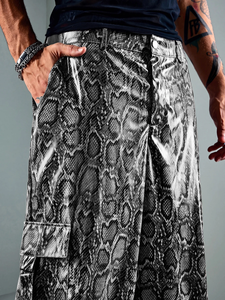 Snake Print <b>Leather</b> <b>Trousers</b> Lambskin Embossed Pattern Wide Leg Baggy Cut Side Pockets Glossy Grey and Burgundy - Product Image 6