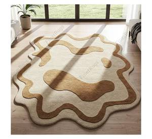 พรมลายคลื่นหรูหรา รูปทรงอิสระ สีเบจน้ำตาล พรมปูพื้นแบบนุ่มฟู ขนยาว สำหรับห้องนอน พรมดีไซน์เนอร์สั่งทำได้ - Product Image 1