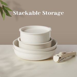 Set di pentole antiaderenti Beige da 12 pezzi compatibile a induzione lavabile in forno con manico staccabile pentole e padelle da cucina - Product Image 3