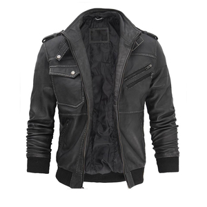 Chaqueta de Motociclista de Cuero PU para Hombre, Color Sólido, Cierre de Botones Cubiertos, Forro Polar, Transpirable, Resistente al Viento, Estilo Bomber Informal de Invierno - Product Image 5