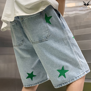 Nueva Tendencia: Pantalones Cortos de Mezclilla para Hombre con Parches de Estrellas, Corte Holgado, Azul Claro, Estilo Baggy, Logotipo Personalizado, Streetwear, Hip Hop - Product Image 3