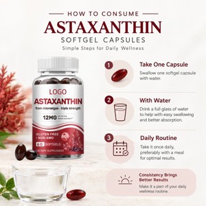 แคปซูลซอฟเจลแอสตาแซนธินพรีเมียม OEM/ODM ขนาด 12 มก. 60 เม็ด ผลิตจากสาหร่าย Haematococcus Pluvialis ธรรมชาติ เสริมสร้างสุขภาพประจำวัน - Product Image 2