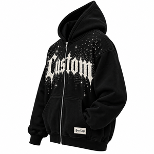 Sudadera con capucha unisex oversize de forro polar con cremallera, estilo hip hop, con estampado de purpurina y diseño frontal de letras de diamantes de imitación negros, 100% - Product Image 3