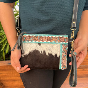 Hand Tooled Leather Small Tassel Crossbody Women's Bag Western Hair on Genuine Leather Wristlet Purse Turquoise Cowhide <b>Handbags</b> - Product Image 2