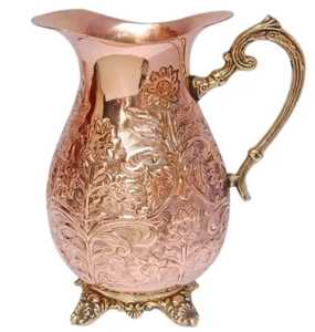 Pichet en cuivre martelé avec bec large, poignée courbée, corps bombé, col étroit, vaisselle rustique artisanale - Product Image 6