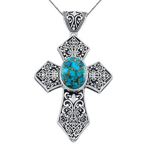 Pendentif croix solitaire en onyx noir de luxe pour femme Gourik, design filigrane oxydé, plaqué argent, forme ovale, charme de mariage - Product Image 1