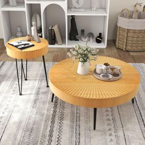 Set di 2 tavolini da caffè rotondi in stile Boho con piano in legno massello di pino e gambe in metallo - Product Image 2