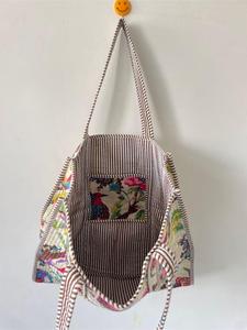 Handmade <b>White</b> Floral Quilted Cotton Tote <b>Bag</b> with <b>Hand</b> Block print Bohemian Style Open Casual Shopping Tote <b>Bag</b> for Women - Product Image 5