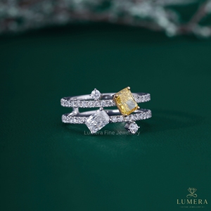 Custom 9K 10K 14K 18K White Gold Fancy Yellow Radiant Cut Diamond <b>Open</b> Bypass <b>Ring</b> Double Pavé Band Luxury Statement Diamond Rin - Product Image 1