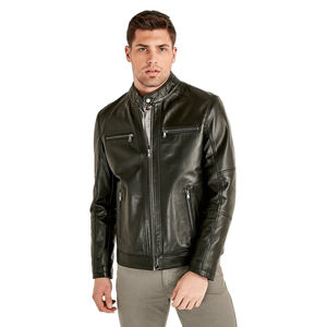 Blouson en cuir noir pour homme, col montant, style motard, coupe ajustée, multi-poches, zippé, décontracté, mode hiver, respirant, devant zippé - Product Image 3