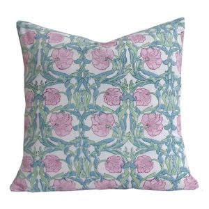 Floral Pattern Square Cotton Throw Pillow Cover With Pink <b>Flowers</b> And Green Leaves Washable Envelope Closure Decorative <b>Cushion</b> - Product Image 1