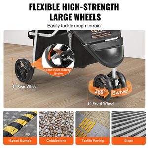 Passeggino per Animali a 3 Ruote con Freni Girevoli, Capacità di Carico 35 libbre, Pedana Anteriore con Tasca in Velcro per Cuccioli, Comodo per Cani - Product Image 3