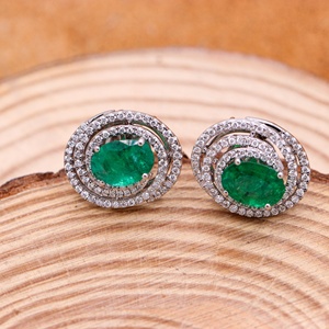 Pendientes de Oro Blanco Sólido de 18K con Esmeralda Verde Natural Ovalada y Doble Halo de Diamantes, Joyería Fina con Piedras Preciosas para Mujer, Venta al Por Mayor - Product Image 4