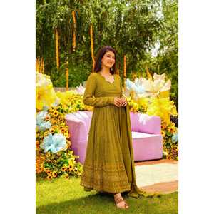 NUIT ASHLEY COULEUR Moutarde GEORGETTE ENSEMBLE DE COSTUME BRODÉ TD-120 - Product Image 1