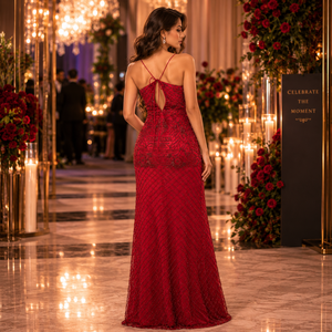 Luxury Red Embroidered Evening Gown for Women | High Slit Halter Neck Formal Maxi Dress | Elegant Prom Wedding Reception Party - Product Image 5