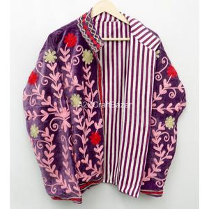 Purple <b>Velvet</b> Embroidered <b>Women's</b> Varsity Jacket Floral Hand-Stitched Mandarin Collar Winter <b>Coat</b> Full Sleeve Regular Length - Product Image 3