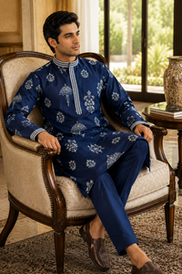 Mens Ethnic Blue Printed Cotton Kurta Pajama <b>Set</b> Embroidered Neck Indian Traditional Festival Outfit Wholesale Supplier B2B - Product Image 6