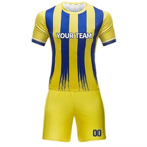 Ensemble de maillot de football rayé jaune et bleu personnalisé avec short, polyester respirant, uniforme unisexe pour adultes, impression sublimée - Product Image 3