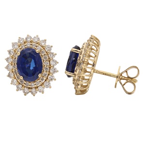 Luxurious 14K Gold Oval-Cut Sapphire and Diamond Halo <b>Studs</b> 1.79CTW Sophisticated Appeal Diamond <b>Earrings</b> - Product Image 1