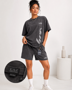Ensemble T-shirt et short en molleton polyester/coton anti-boulochage respirant pour femme Laz Industries, vert délavé, coupe décontractée, col rond - Product Image 3