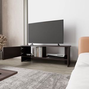 Walnut-Colored Entertainment Center with Door and <b>Open</b> <b>Storage</b> Stained TV Stand - Product Image 2
