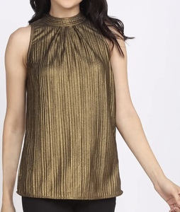 Haut plissé de haute qualité pour femme, col montant, sans manches, en polyester brillant, chemisier plissé, tenue de soirée, coupe ample, nouveau haut tendance - Product Image 4