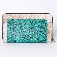 Portefeuille-pochette artisanal pour femme en cuir de vachette véritable de haute qualité, style bohème western, avec fermeture éclair, imprimé animal vintage et logo orné