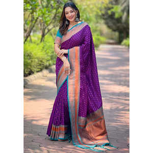Elite Weaves <b>Purple</b> 1000 Butti Zari Woven Paithani Silk <b>Saree</b> with Contrast Indian & Pakistani Clothing - Product Image 3