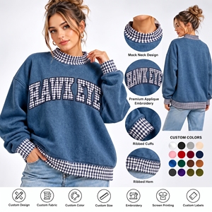 Sweat-shirt col montant côtelé pour femme, grande taille, à épaules tombantes, avec broderie personnalisée OEM et patch à pois gingham - Product Image 1