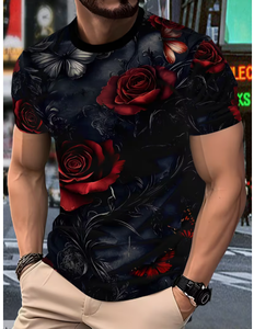 T-shirt pour homme à imprimé floral, manches courtes, col rond, coupe ajustée, vêtement décontracté, respirant, polyester, motif rose noire et rouge - Product Image 1