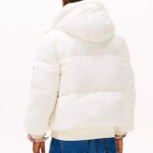 White Hooded Puffer Jacket Button Closure Windproof <b>Thick</b> <b>Winter</b> <b>Coat</b> Unisex Casual Solid Color Regular Fit Short Length - Product Image 6