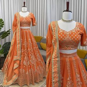Orange Georgette Lehenga Choli Set Embroidered <b>Sequins</b> Work <b>Flared</b> Dupatta Traditional Dress for Wedding Party - Product Image 5