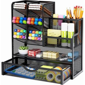 Organizer da Scrivania Multifunzionale in Rete con Portapenne e Cassetto per Ufficio, Materiali Artistici e Accessori per il Trucco - Product Image 1
