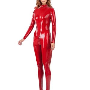 Combinaison pour femme en PU rouge, manches longues, col roulé, taille haute, coupe ajustée, longueur intégrale, couleur unie, tenue de club - Product Image 2