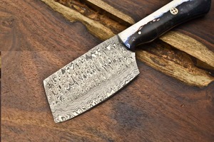 Cuchillo de chef de acero de Damasco, hoja recta, forjado a mano, con mango blanco y negro - Product Image 3