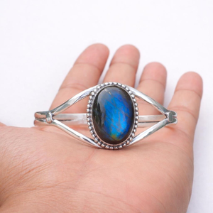 Bracelet manchette ouverte en argent sterling avec labradorite naturelle et pierre précieuse à reflets bleus, fait main, style bohème, pour femme - Product Image 3