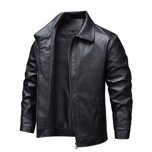 Veste en cuir PU noir pour homme, style motard, col rabattu, fermeture éclair, coupe ajustée, vêtement d'automne, veste de motard moderne et décontractée - Product Image 1