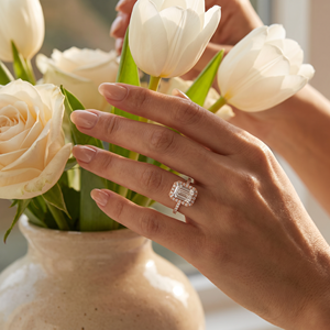 Elegant <b>Emerald</b> Cut Moissanite Halo Engagement <b>Ring</b> Sparkling Side Stones Trendy Gold/<b>Silver</b>/Rose Gold Plated Wedding Party - Product Image 1