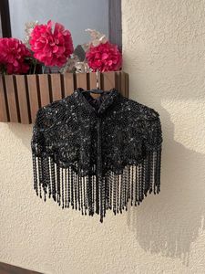 Luxury Gold Hand Embroidered Beaded Fringe Cape Blouse Designer <b>Sequin</b> Tassel Shoulder Collar <b>Top</b> for Wedding & Stage Wear - Product Image 2