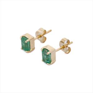 18K Solid Gold Octagon <b>Emerald</b> <b>Stud</b> <b>Earrings</b> with Oval Cut Diamond and Pearl - Product Image 6