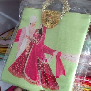 Traditional Indian <b>Wedding</b> Theme Shagun Potli Bag Digital Print Pleated Handle Artisanal Craftsmanship Envelope-Style <b>Clutch</b> - Product Image 1