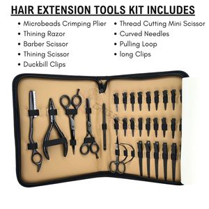 Hair <b>Extension</b> Kit Micro <b>Beading</b> Tool Barber Cutting Scissors Texturizing Shears Curved Needles Pulling Loop and Section Clips - Product Image 2