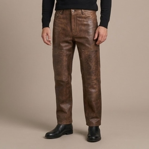 Custom Men's Genuine Leather Work Pants Vintage Brown Straight Fit Cowhide Carpenter Trousers Heavy Duty Casual Leather Pants - Product Image 4