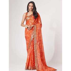 Magnifique Saree de mariage en organza à imprimé floral orange avec chemisier - Product Image 2