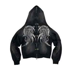 Sudadera con capucha extragrande de algodón 100% con cremallera completa, estampado gráfico y hombros caídos, corte regular, estilo streetwear - Product Image 6