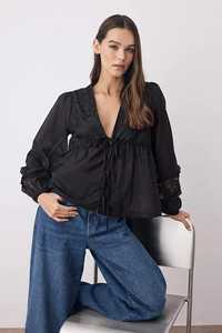 Blusa Blanca de Encaje con Cuello en V y Mangas Abullonadas para Mujer, con Lazo Delantero, Estilo Casual Holgado, Moderno y Romántico para Invierno, Primavera y Verano, ODM - Product Image 4