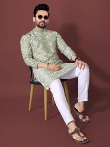 <b>Men's</b> Grey Printed Cotton <b>Kurta</b> Regular Fit Traditional Casual Wear India Pakistan Style All Seasons - Product Image 2